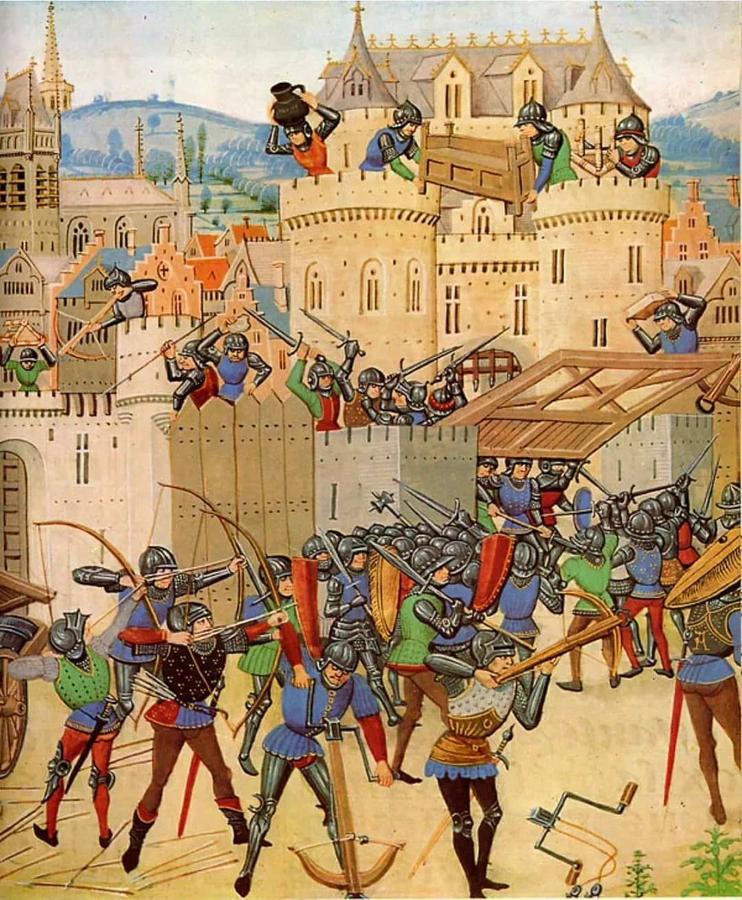 Iluminura medieval de soldados com armaduras atacando as muralhas de uma cidade fortificada