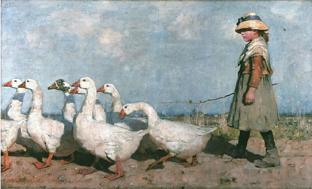 Pintura de uma menina conduzindo um bando de gansos brancos