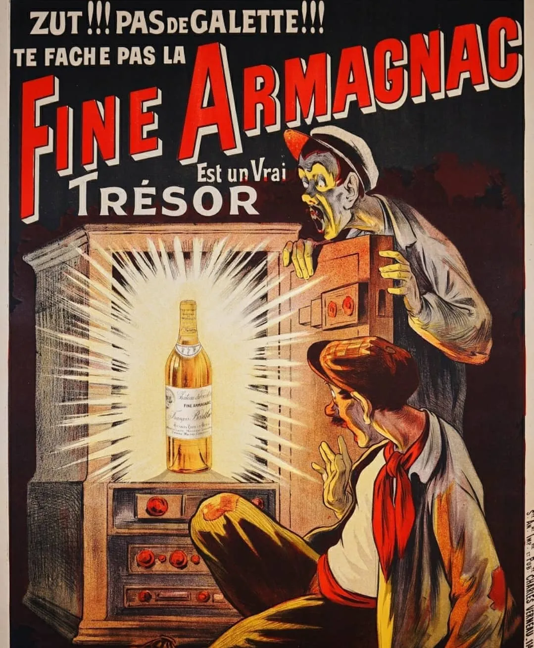 Cartaz antigo Fine Armagnac: dois homens espantados diante de uma garrafa que brilha num cofre