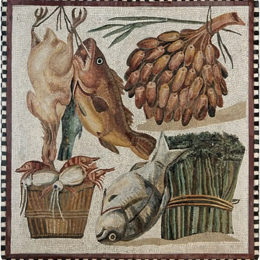 Mosaico romano com aves, peixes, tâmaras, lagostins e aspargos