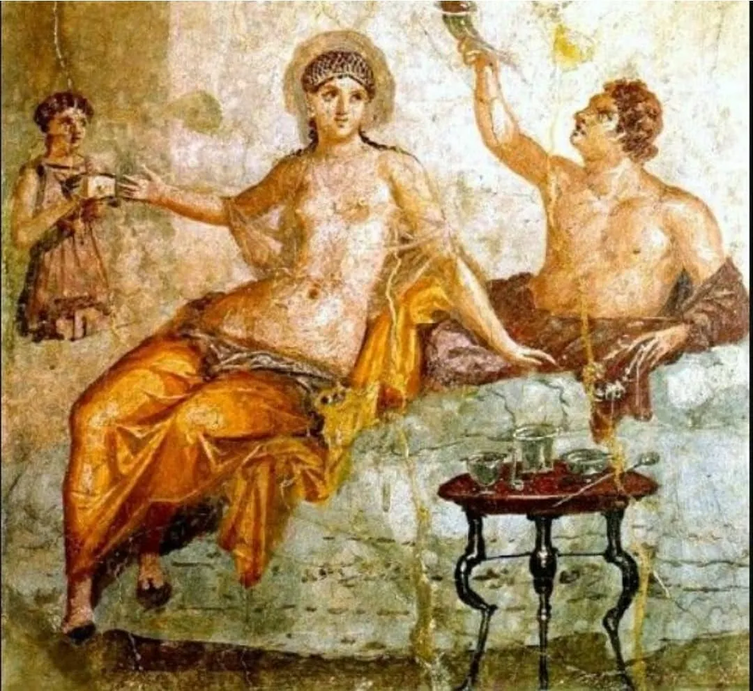 Afresco romano de um casal reclinado num banquete, com uma serva e uma mesinha de bronze