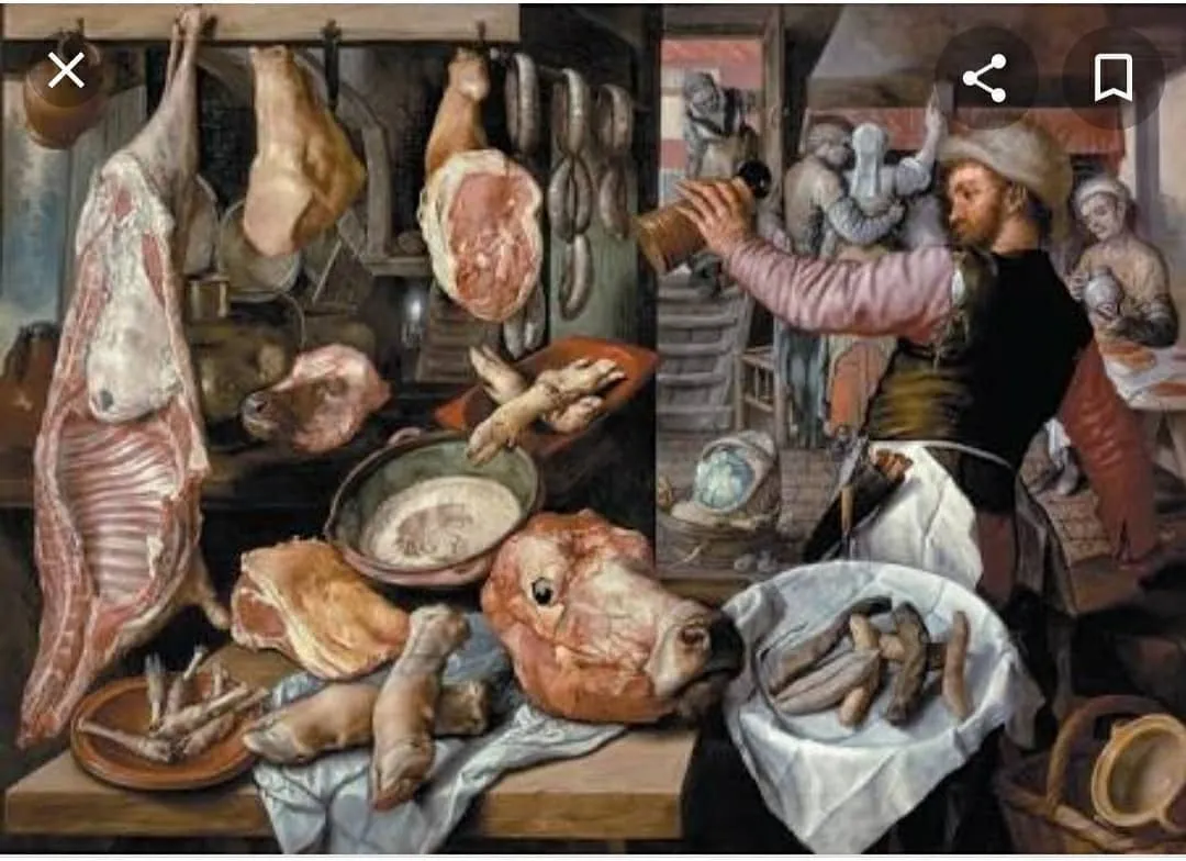 Pintura de Beuckelaer: açougue com carcaça de boi, cabeças de porco e carnes penduradas e um açougueiro trabalhando