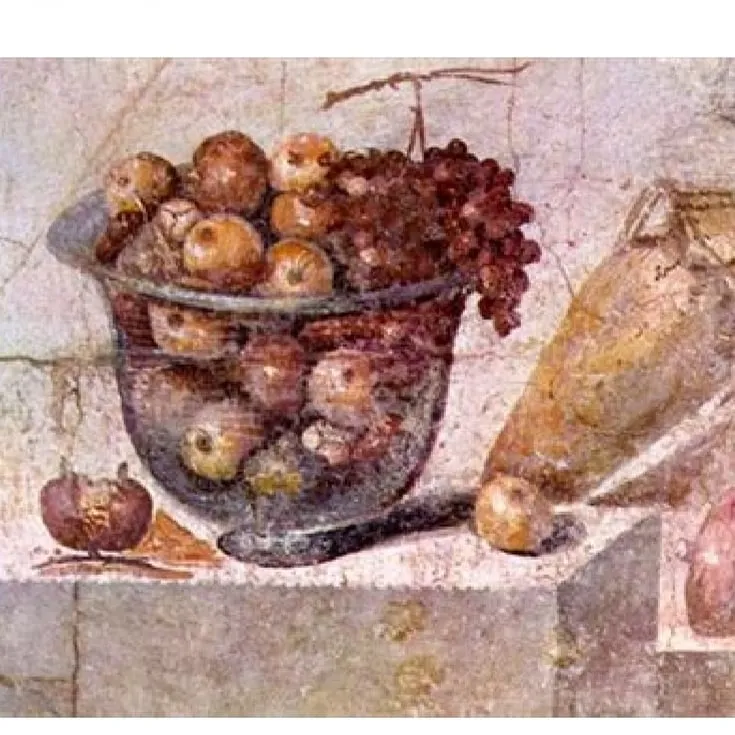 Afresco de Pompeia com uma tigela de vidro cheia de frutas e uvas